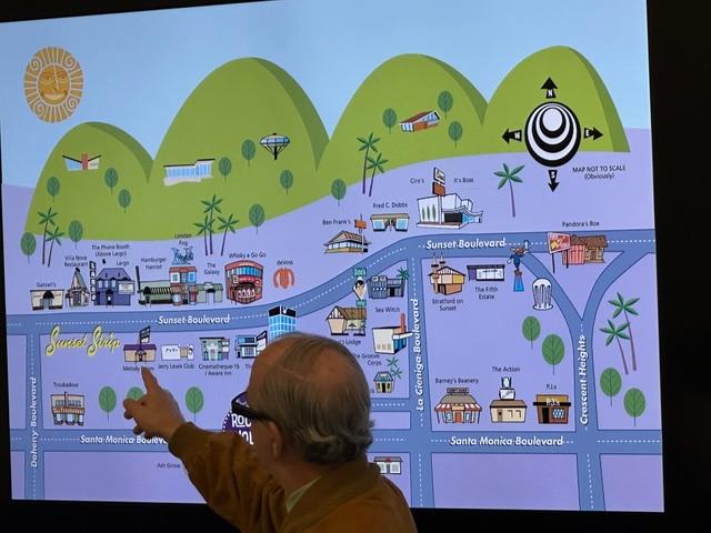 Going over details of the Shag map from the “Riot on Sunset Strip: Rock ‘n’ Roll's Last Stand in Hollywood” book.